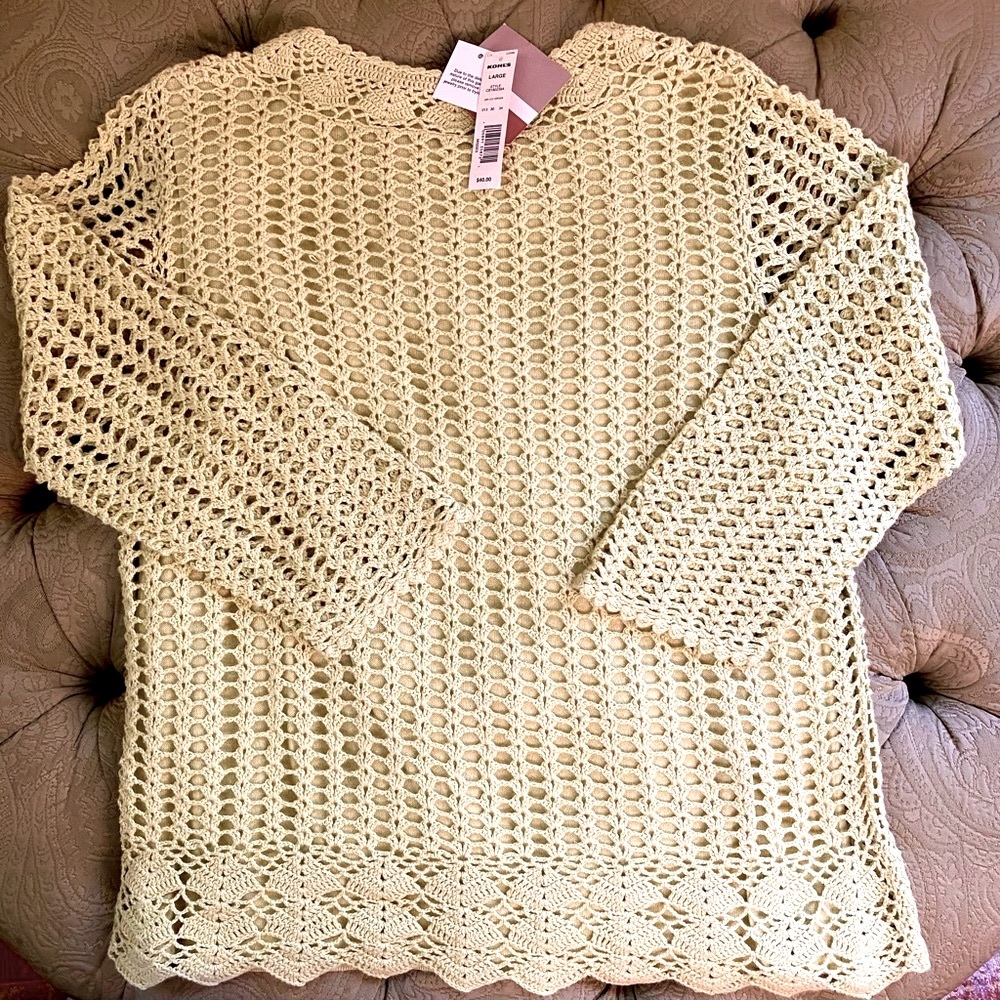 Crofts & Barrow Sweater Size Large Green w/Crochet Overlay NWT Retail $40